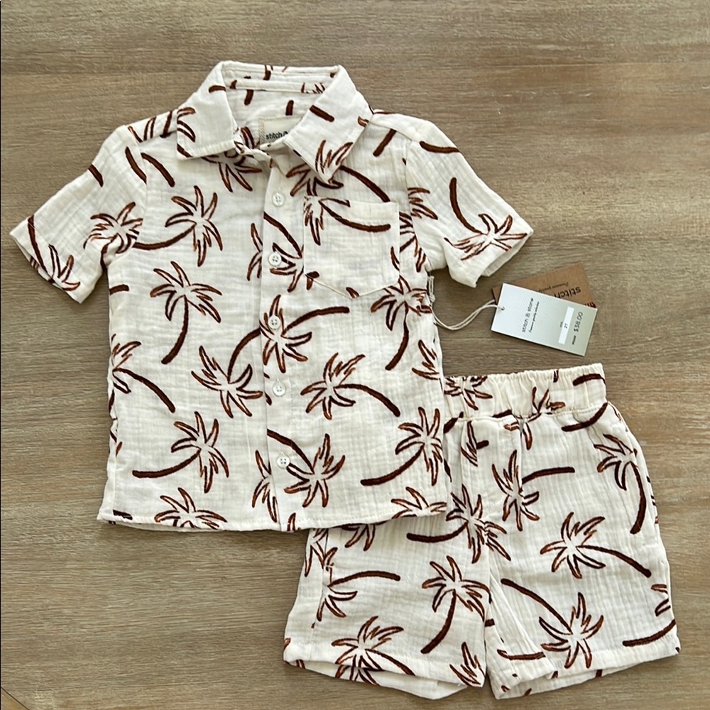 Stitch & Stone Cream Palm Print Resort Matching Set 3T 4T